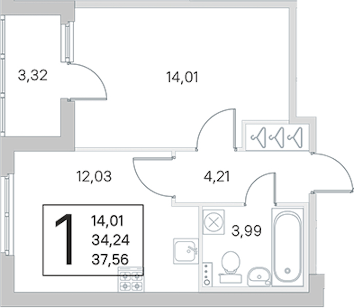 1-комнатная квартира 34.24 м², 1/4 эт., ЖК «Любоград в Стрельне»